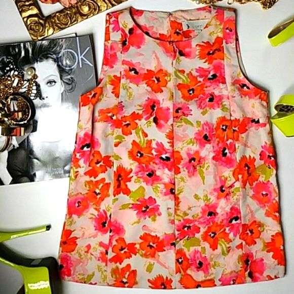 "Ann Taylor Loft" Vibrate Bold Sleeveless Floral Scoop Neck Tunic Top - Picture 3 of 6